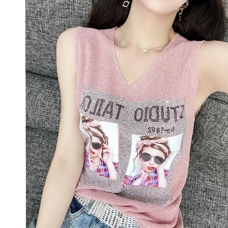 Hot Rhinestone Bright Silk Sleeveless Vest Women's Spring/Summer New Style V-neck Loose All-match Sling Knitted  Top T-shirt
