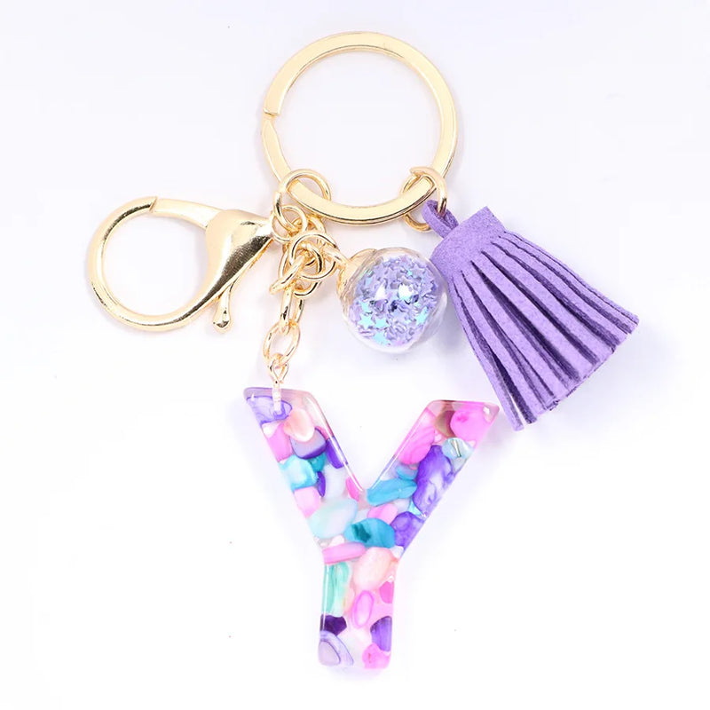 Women ew Crystal Epoxy Tassel Keychain Pendant Girl Heart English Capital Letter Stone Key K5158