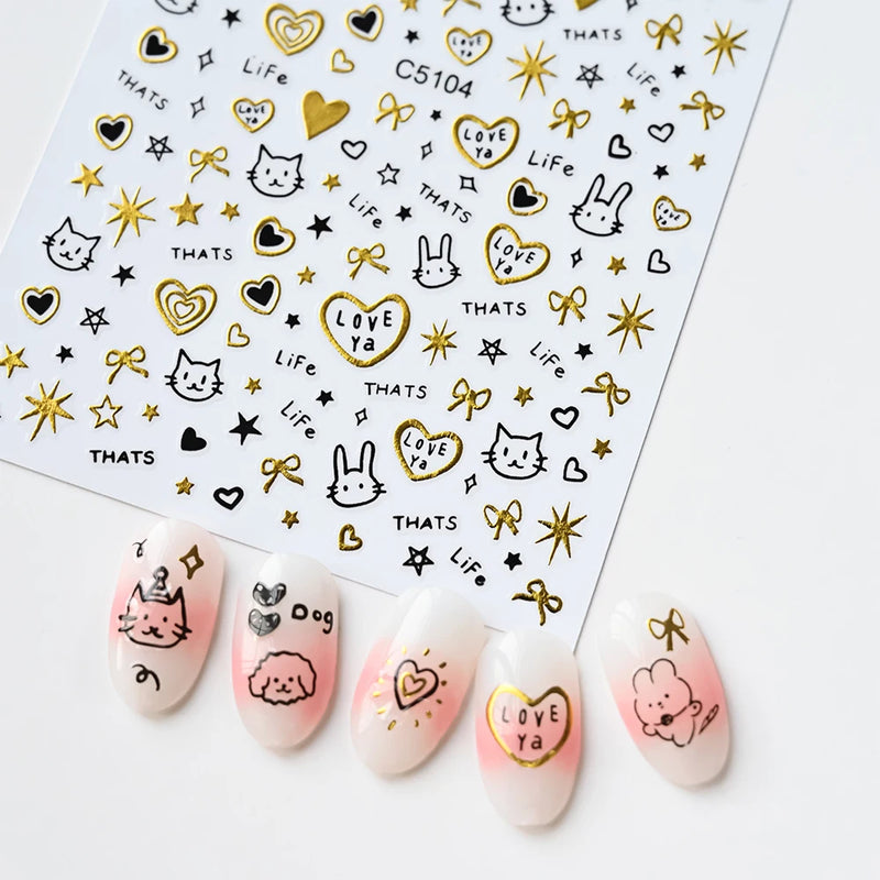 Laser Silver 3D Kawaii Cute Cat Nail Stickers Holographic Cartoon Puppy Dog Graffiti Design Sliders Decals Manicure Decoration