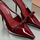 صندل نسائي بكعب عالٍ ومشبك من خط واحد وكعب رفيع بتصميم صيفي جديد مع ربطة عنق على شكل فيونكة وجزء علوي من الجلد اللامع