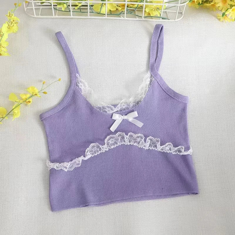 HELIAR Women Lace Bowknot Tops Female Plain Straps Tank Tops Streetwear Camisole Cute Crop Tops For Women 2023 Summer