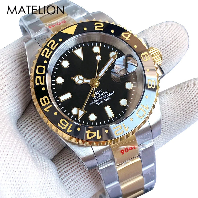 Gold Tow Tone NH34A GMT Movement Diving Watch for Men Automatic Watches Mechanical Swim Jubilee Bracelet 200m Waterproof Date