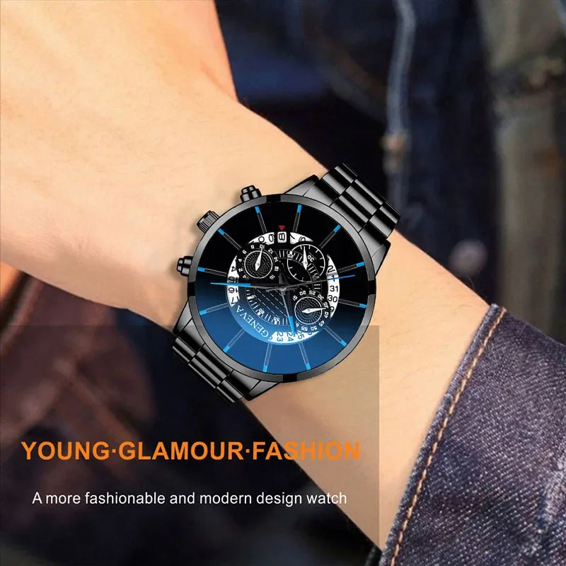 Luxury Hollow Out Men's Watches Fashion Business Calendar Blue Stainless Steel Mesh Belt Analog Quartz Watch Relogio Masculino
