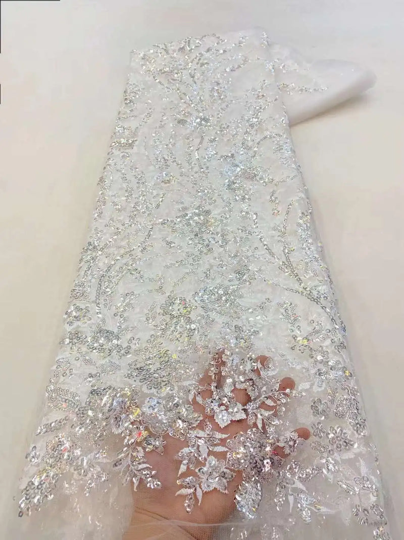 Latest African Sequins Lace Fabric 2024 High Quality Lace Embroidery Beaded Mesh Fabric 5 Yards For Women Wedding Party Dress