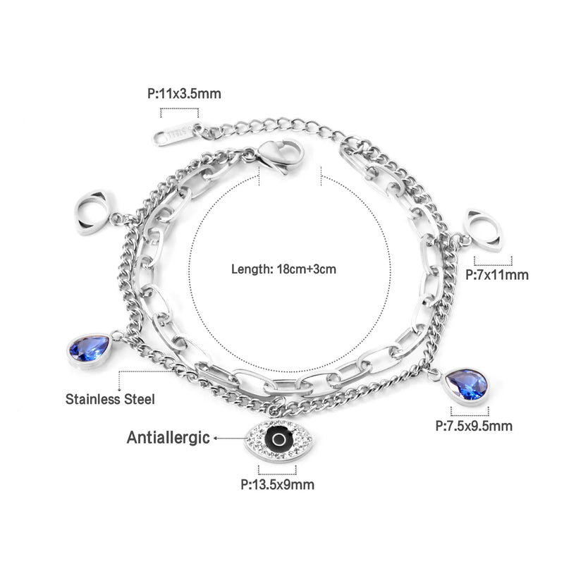 LUXUSTEEL Stainless Steel Blue Evil Eye Crystal Pendants Bracelet for Women Cuban Link Chain Bracelet Bling Fashion Jewelry Gift