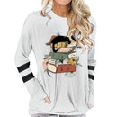 Women's Cotton Long Sleeve T-shirt Vintage Cat with Books Print Round Neck Tops Funny Flower Animal Books Lovers Female Tshirt