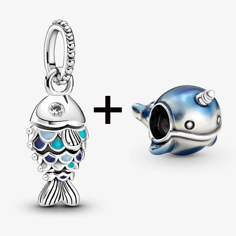 2Pcs/Lot Crystal Blue Scaled Fish Bead With Pendant Fit DIY Brand Charm Bracelet  For Women's Summer Jewelry To Making Gift