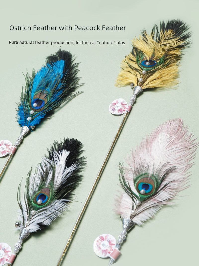 Ostrich Feather Cat Teaser Feather Fairy with Bell Kittens Cat Toy Self-Hi Relieving Stuffy Handy Gadget Cat Bite-Resistant Long Brush Holder