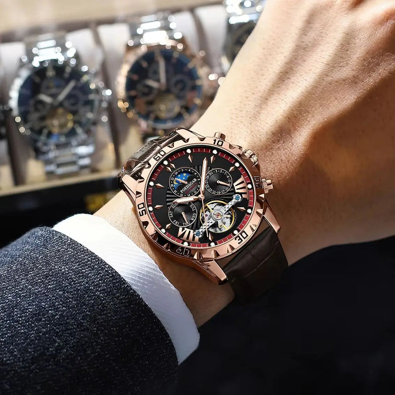 POEDAGAR Tourbillon Automatic Mechanical Wristwatch Waterproof Luminous Date Week Leather Men Watch Luxury Fashion Men's Watches