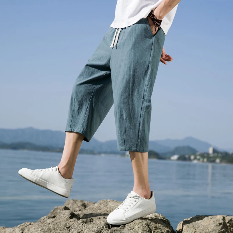 Summer New Casual Short Pants Mens Cotton and Linen Loose Pants  Trend Nine-point Straight Trousers M-5XL