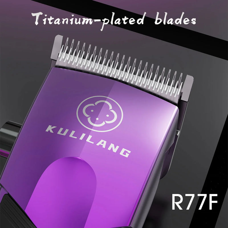 Cortadora de pelo eléctrica profesional KULILANG R77F con cabezal de aceite degradado, color morado, cuchilla FADE chapada en titanio, 7200 rpm, para peluquería