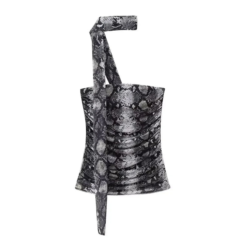 Aoaiiys Leopard Print Crop Top Women Tulle Tops Y2k Ruched Tops Sexy Backless Sleeveless Summer Pleated Beach Halter Top 2024