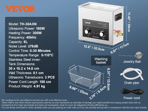 VEVOR Ultrasonic Cleaner with Heater Timer 2/3/6/10/15/30L for Lab Tools Metal Parts Carburetor Brass Auto Parts Engine Parts