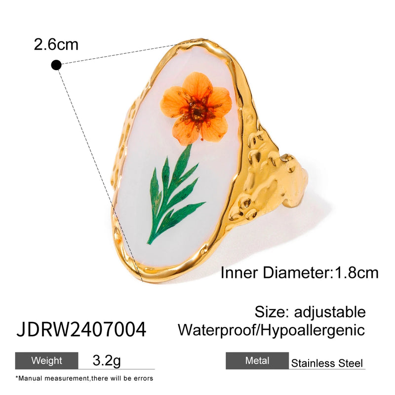 Light Cozy 18k Gold Plated Minimalist White Drip Oil Dried Flower Open End Ring Women Stainless Steel Statement Jewelry