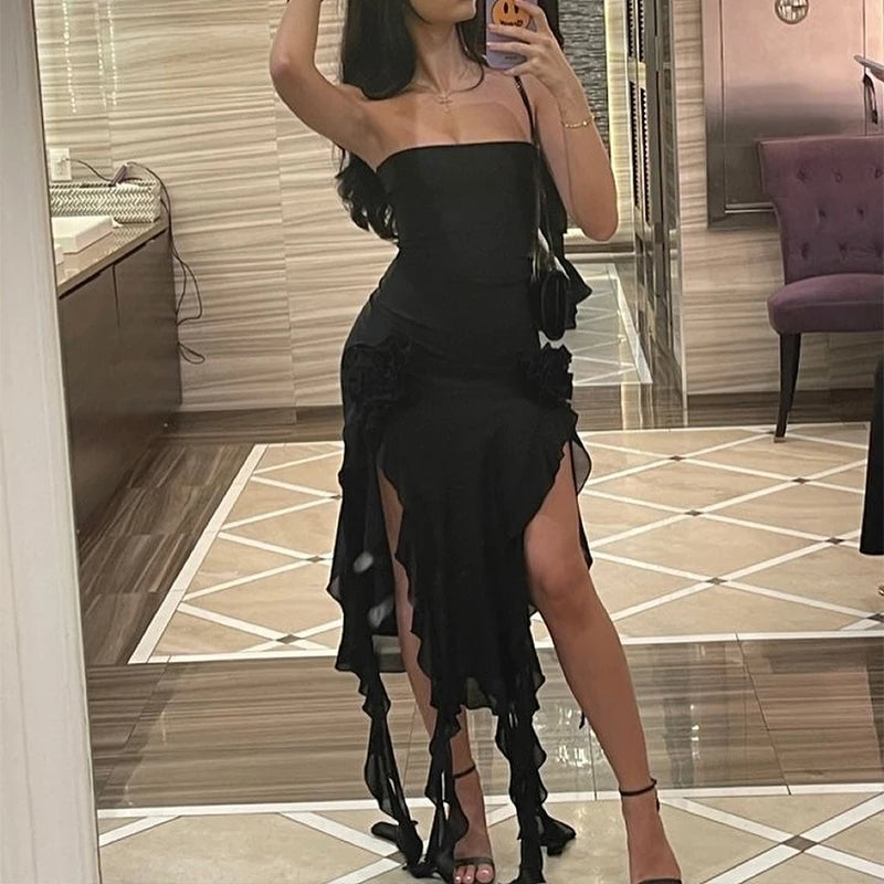 Vestido minivestido sexy sin tirantes con estampado floral, dobladillo plegado, abertura alta, liso, sin espalda, sin mangas, negro y rosa, para fiesta, 2024