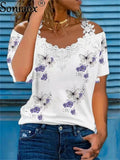 Summer Sexy Lace Short Sleeve Off Shoulder V-Neck Women T-Shirts Ladies Floral Print Street Tops Female Casual Loose T-Shirt