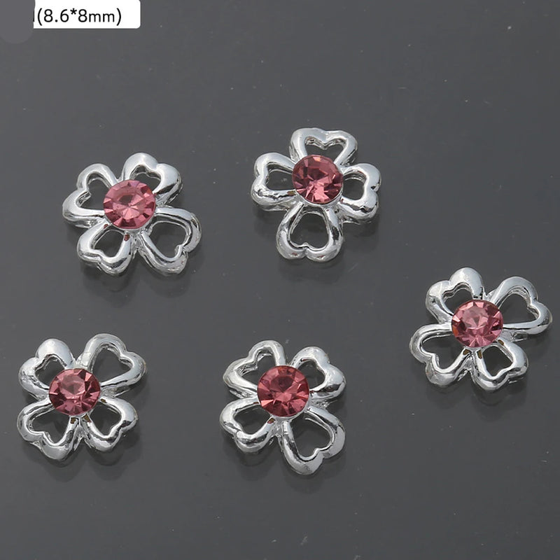 10Pcs Pink Metal Gem Zircon Nail Art Charm 3D Luxurious Heart Ribbon Cross Starlight Nail Decoration DIY Zircon Nail Accessories