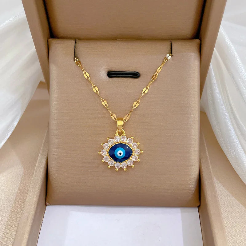 Blue Enamel Evil Eye Pendant Necklace Gold Color Female Fashion Jewelry CZ Zircon Clavicle Chain Women Necklace 2024 New