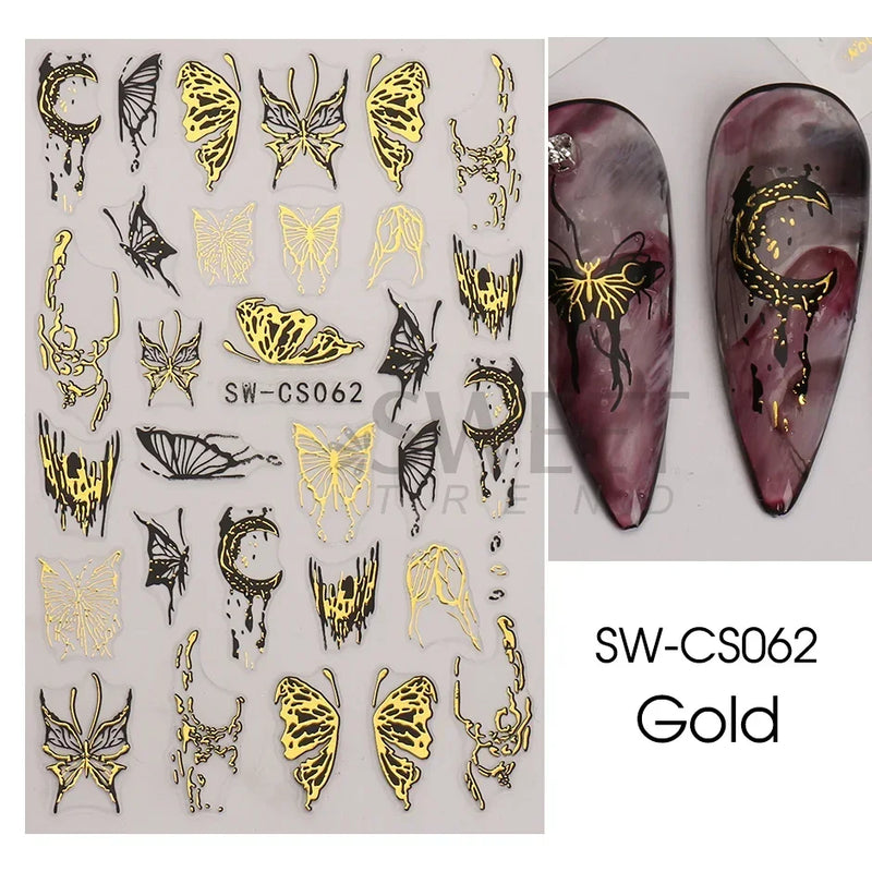 3D Snake Laser Stickers for Manicure Black Gold Abstract Leaves Luxury Nail Art Adhesive Slider Polish Decor Decals SASW-SJ