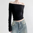 CIBBAR Solid Slash Neck Crop Top Women Off Shoulder Long Sleeve Skinny T-shirt Harajuku y2k Femme Clothing Autumn Casual Shirts