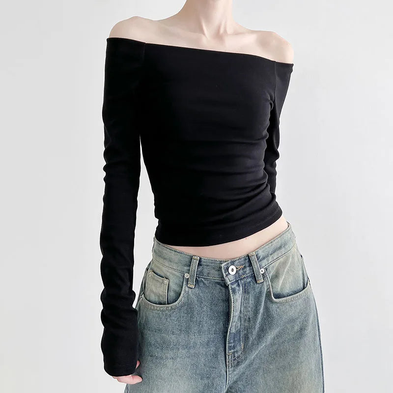 CIBBAR Solid Slash Neck Crop Top Women Off Shoulder Long Sleeve Skinny T-shirt Harajuku y2k Femme Clothing Autumn Casual Shirts