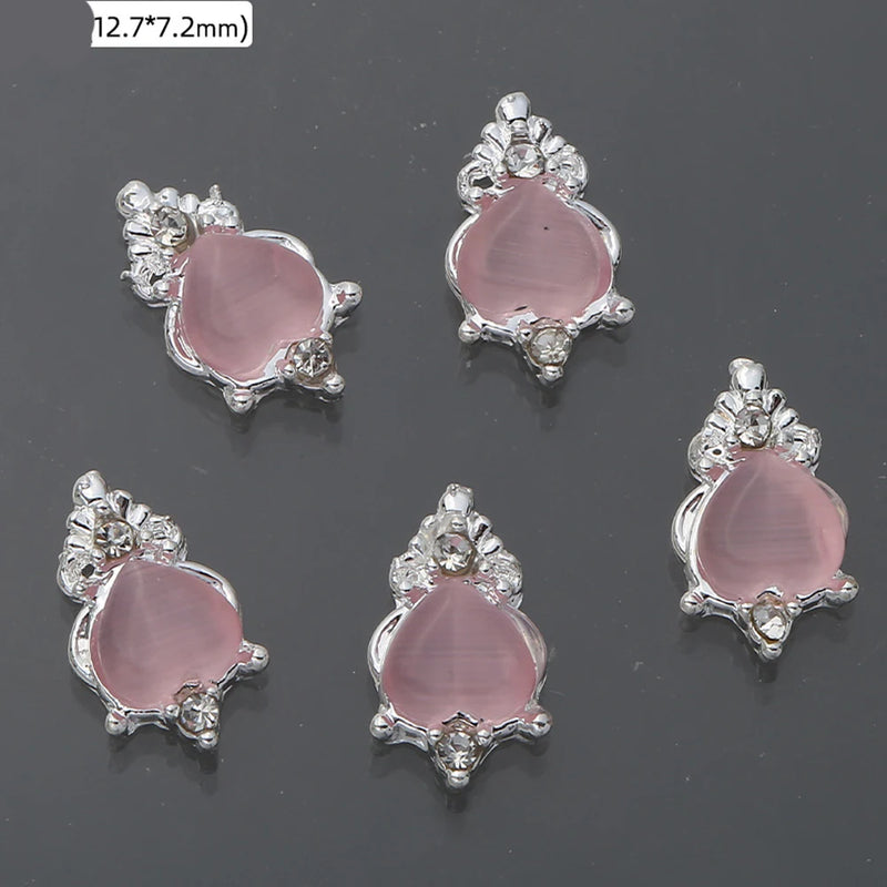 10Pcs Pink Metal Gem Zircon Nail Art Charm 3D Luxurious Heart Ribbon Cross Starlight Nail Decoration DIY Zircon Nail Accessories