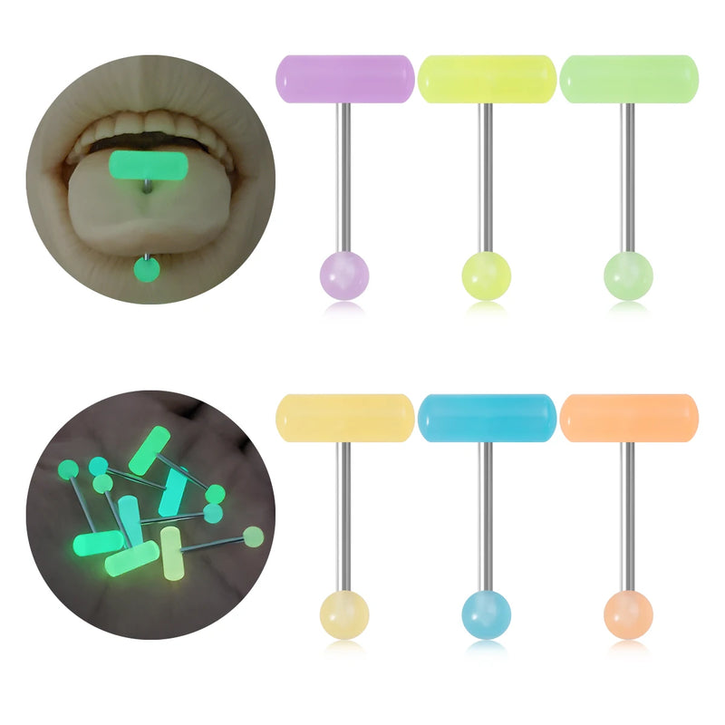 6Pcs Glow in Dark Tongue Rings Barbell Stud Sexy Acrylic Luminous Tongue Piercings Jewelry for Women Men 14G Stainless Steel Bar