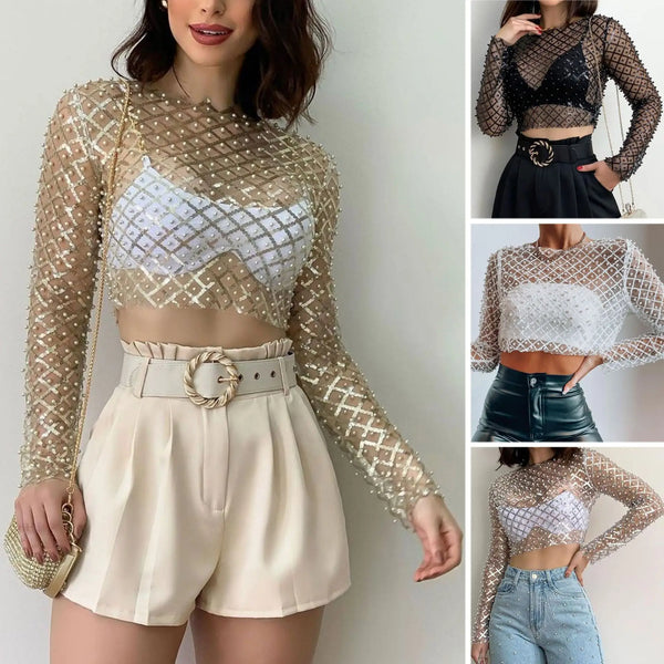 Women's Sexy Mesh Beaded Tops Ladies Fashion Sequins Long Sleeve Top T-Shirt Summer Casual Pullover for Female 2024 New