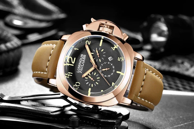 Automatic Watches for Men Mechanical Movement Genuine Brown Leather Multifunction Yellow Green Rose Gold Reloj Hombre Baratos