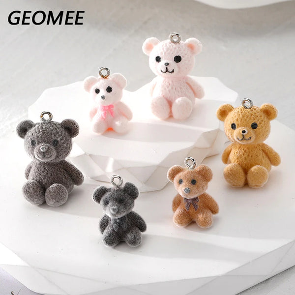 6pcs 3D Big Small Flocked Bear Resin Charms Cute Aniaml Doll Bear Pendant For Earring Keychains Diy Jewelry Make