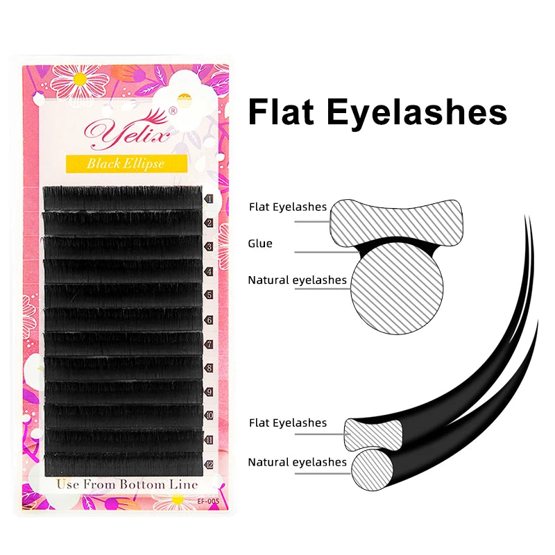 Yelix Flat Ellipse Eyelashes Split Tips Lashes 0.15mm 0.20mm Black Color False Eyelashes Super Soft Natural Eyelash Extension