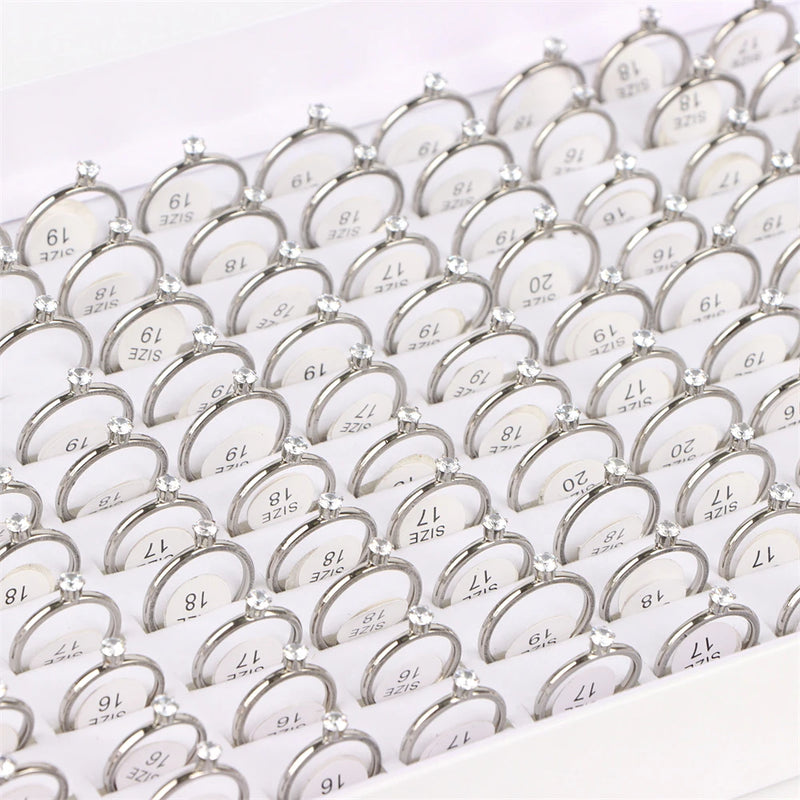 10Pcs/Lot Fashion Classic Rhinestone Stainless Steel Rings For Women Simple Shiny Colorful Finger Jewelry Wedding Party Gifts