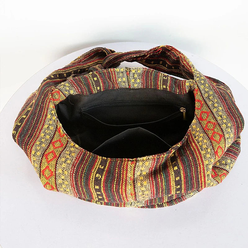 Vintage Bohemian Chic Canvas Shoulder Bag Ethnic Style Large Capacity Handbag Soft Tote Bag Casual Crossbody Bag Female Daily