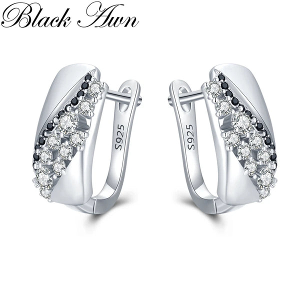 Black Awn 2024 New Hoop Earrings for Women Classic Silver Color Trendy Spinel Engagement Jewelry I231