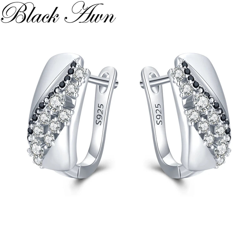 Black Awn 2024 New Hoop Earrings for Women Classic Silver Color Trendy Spinel Engagement Jewelry I231
