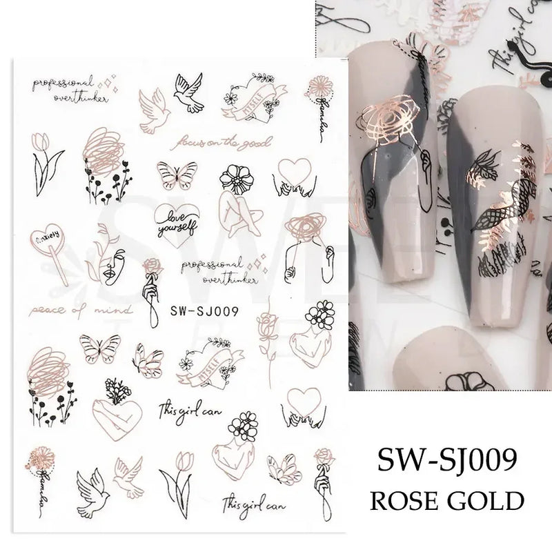 3D Snake Laser Stickers for Manicure Black Gold Abstract Leaves Luxury Nail Art Adhesive Slider Polish Decor Decals SASW-SJ