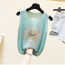 Hot Rhinestone Bright Silk Sleeveless Vest Women's Spring/Summer New Style V-neck Loose All-match Sling Knitted  Top T-shirt