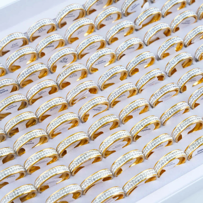 10Pcs/Lot Fashion Classic Rhinestone Stainless Steel Rings For Women Simple Shiny Colorful Finger Jewelry Wedding Party Gifts