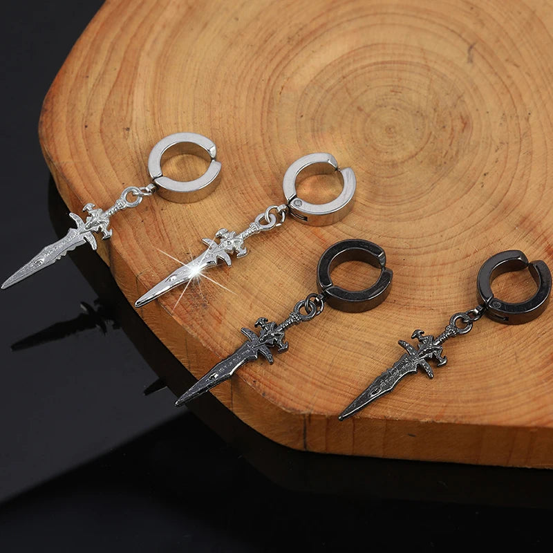 1 Pairs Stainless Steel Painless Ear Clip Earrings for Men Women Punk Sword Cross Black Non Piercing Fake Earrings Jewelry Gifts