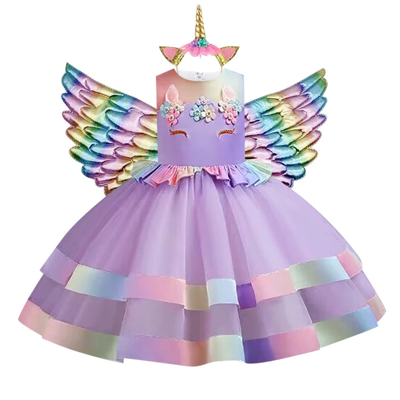 New 3pcs Baby Girls Dress Pastel Rainbow Princess For Summer Birthday Party Dress Unicorn Cosplay Perform Children Costume