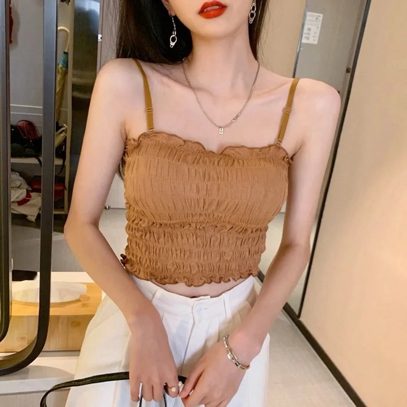 Hikigawa With Pleated Y2k Top Underwear Women Tube Tops Sexy Solid Spaghetti Straps Backless Paded Camisole Tank Top Mujer
