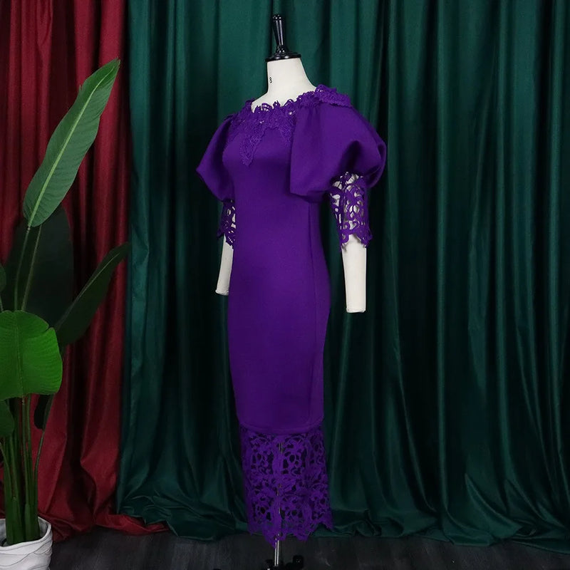 Dashiki African Women Gown Hollow Out Party Dress Sexy Long Sleeve Round Neck Ladies Elegant Solid Pullover High Waist 2024