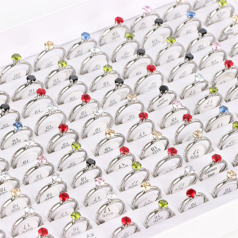10Pcs/Lot Fashion Classic Rhinestone Stainless Steel Rings For Women Simple Shiny Colorful Finger Jewelry Wedding Party Gifts