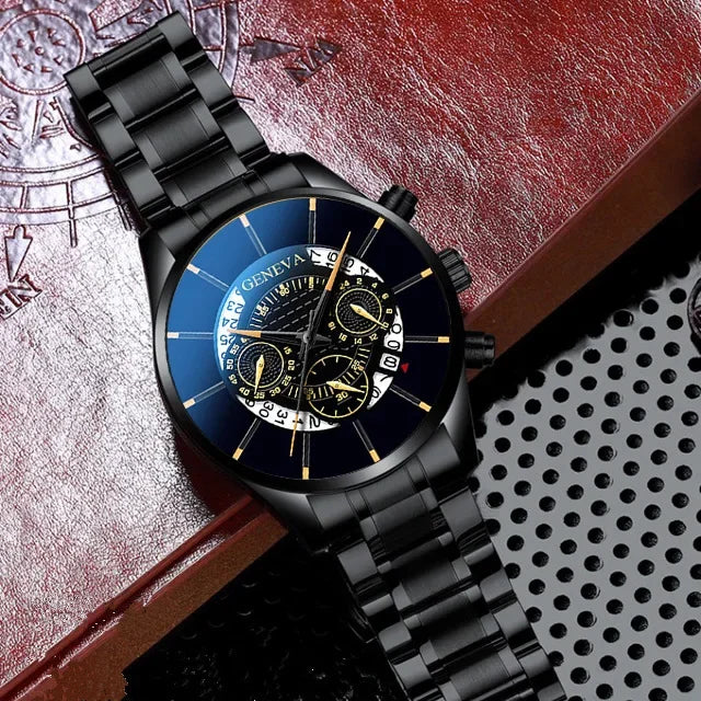 Luxury Hollow Out Men's Watches Fashion Business Calendar Blue Stainless Steel Mesh Belt Analog Quartz Watch Relogio Masculino