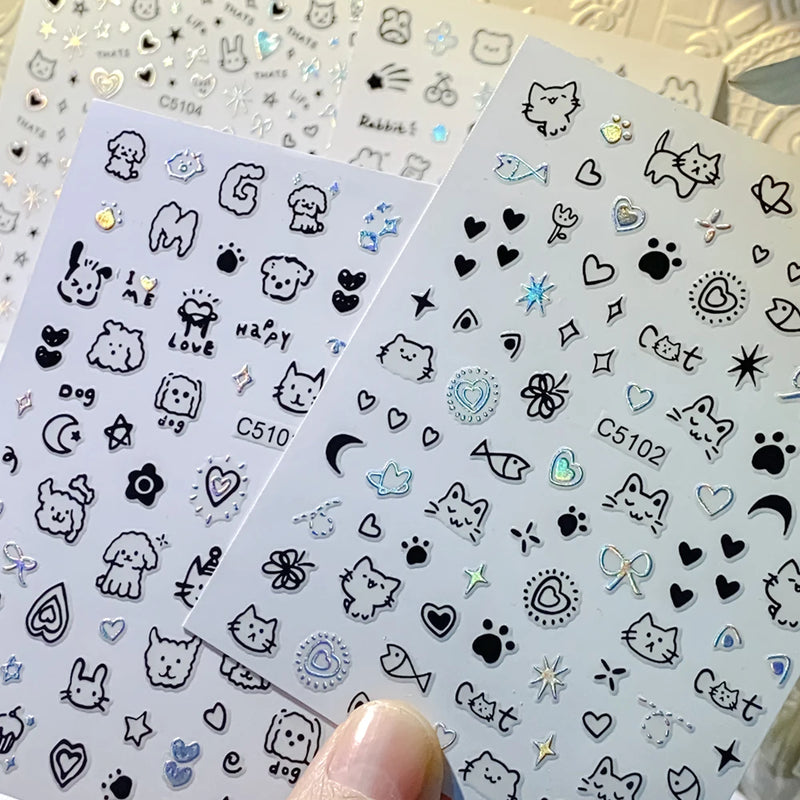 Laser Silver 3D Kawaii Cute Cat Nail Stickers Holographic Cartoon Puppy Dog Graffiti Design Sliders Decals Manicure Decoration