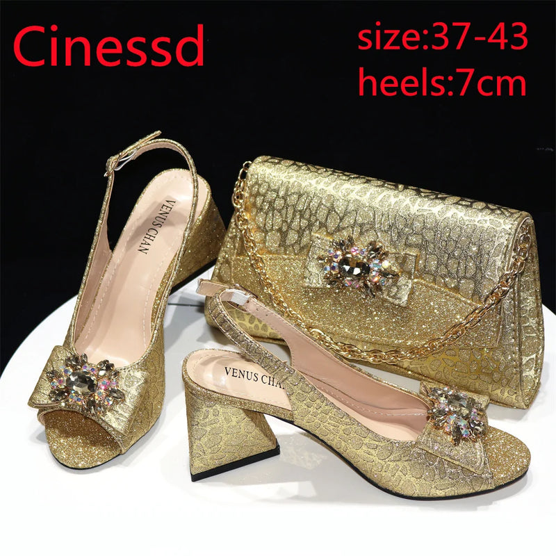 Gold Fashion New Arrivals 2024 Spring Summer Design Italian Women Shoes Matching Bag Set with Shinning Crystal for Party