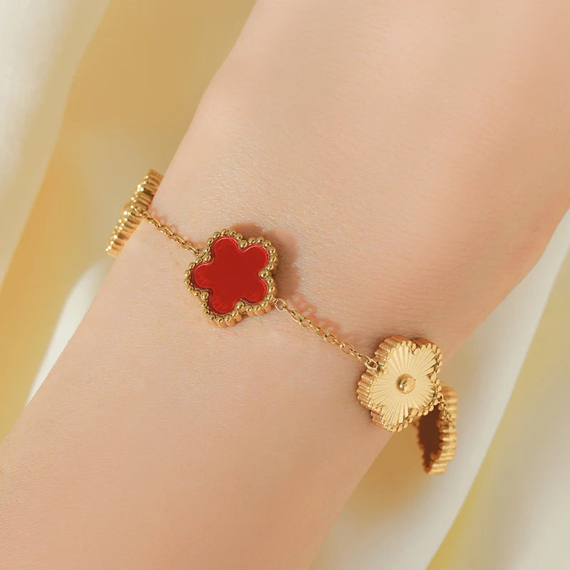 GANEMLY 316L Stainless Steel Red Plum Blossom Plant Leaf Flower Set Reversible Necklace Earrings Bracelet Women Clover Jewelry