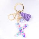 Women ew Crystal Epoxy Tassel Keychain Pendant Girl Heart English Capital Letter Stone Key K5158
