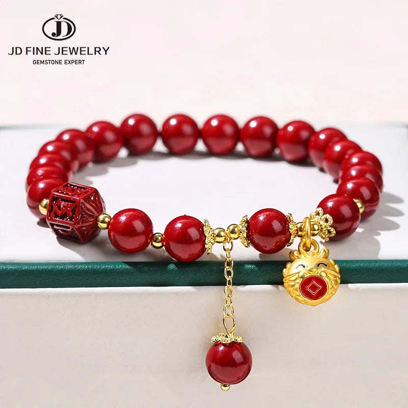 JD Natural Cinnabar Real Bead Bracelets Women Men Change Lucky Wealth Protection Hand String Pixiu Carved Vintage Bangles Gift