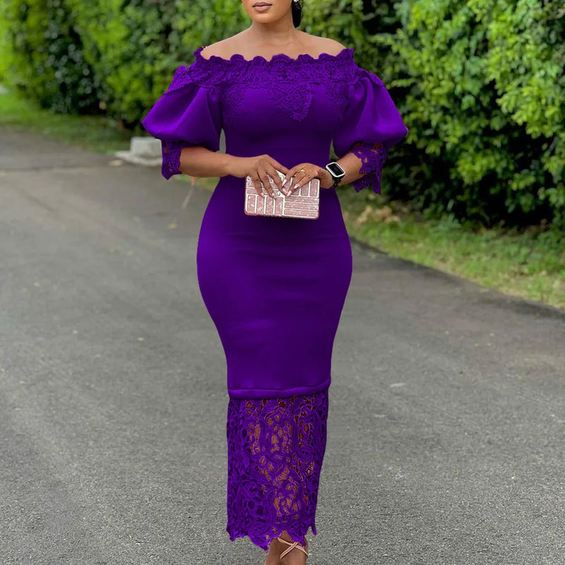 Dashiki African Women Gown Hollow Out Party Dress Sexy Long Sleeve Round Neck Ladies Elegant Solid Pullover High Waist 2024